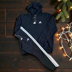 NWT 2 PC ADIDAS M HOODIE AND LEGGINGS 3 STRIPE MATCHING SET BLACK WHITE BUNDLE